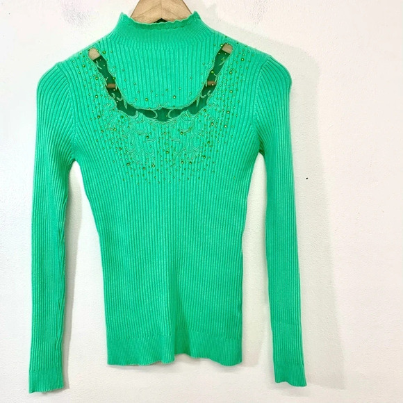 Chao Sheng Cashmere Blend Sweater  Woman Large Green Rib Knit Beads Scallop Neck - Picture 1 of 10